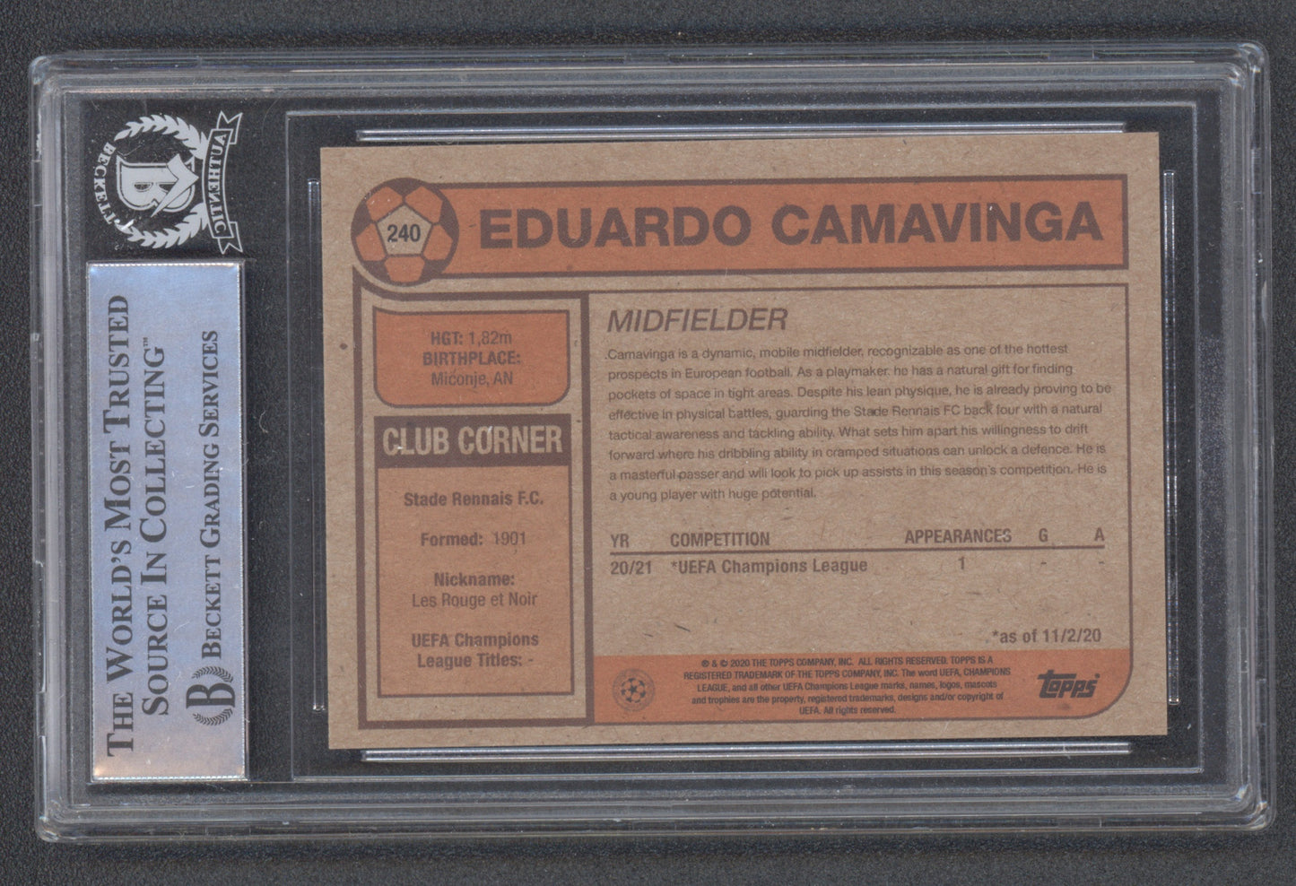 Eduardo Camavinga Signed 2020 Topps Living UCL #240 (BGS)