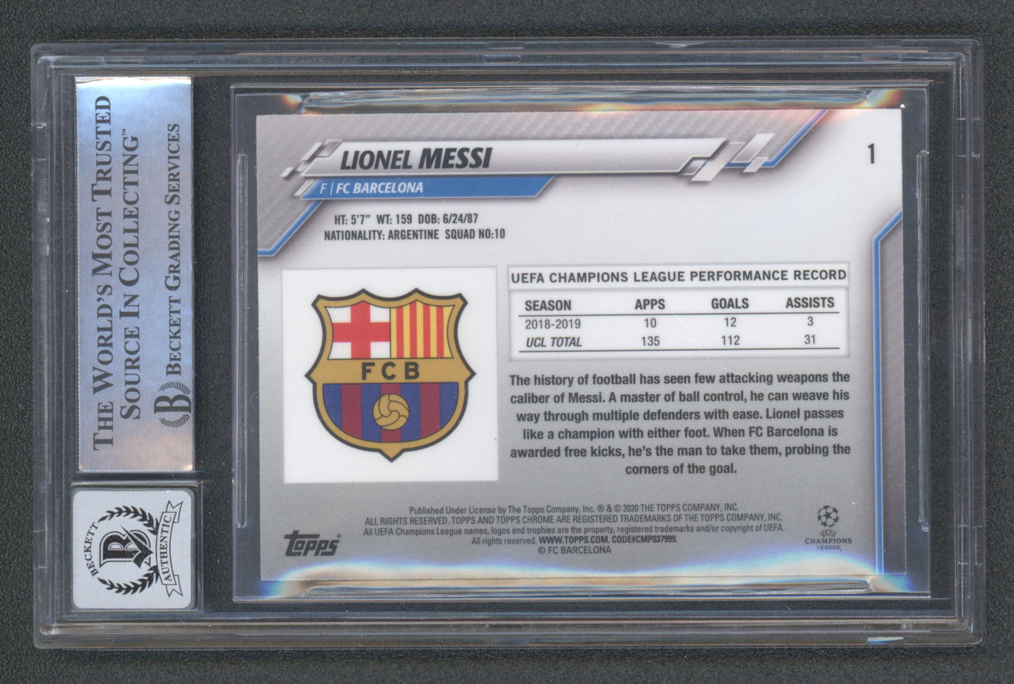 Lionel Messi Signed 2019-20 Topps Chrome UCL #1 (BGS | Autograph Grade 10)