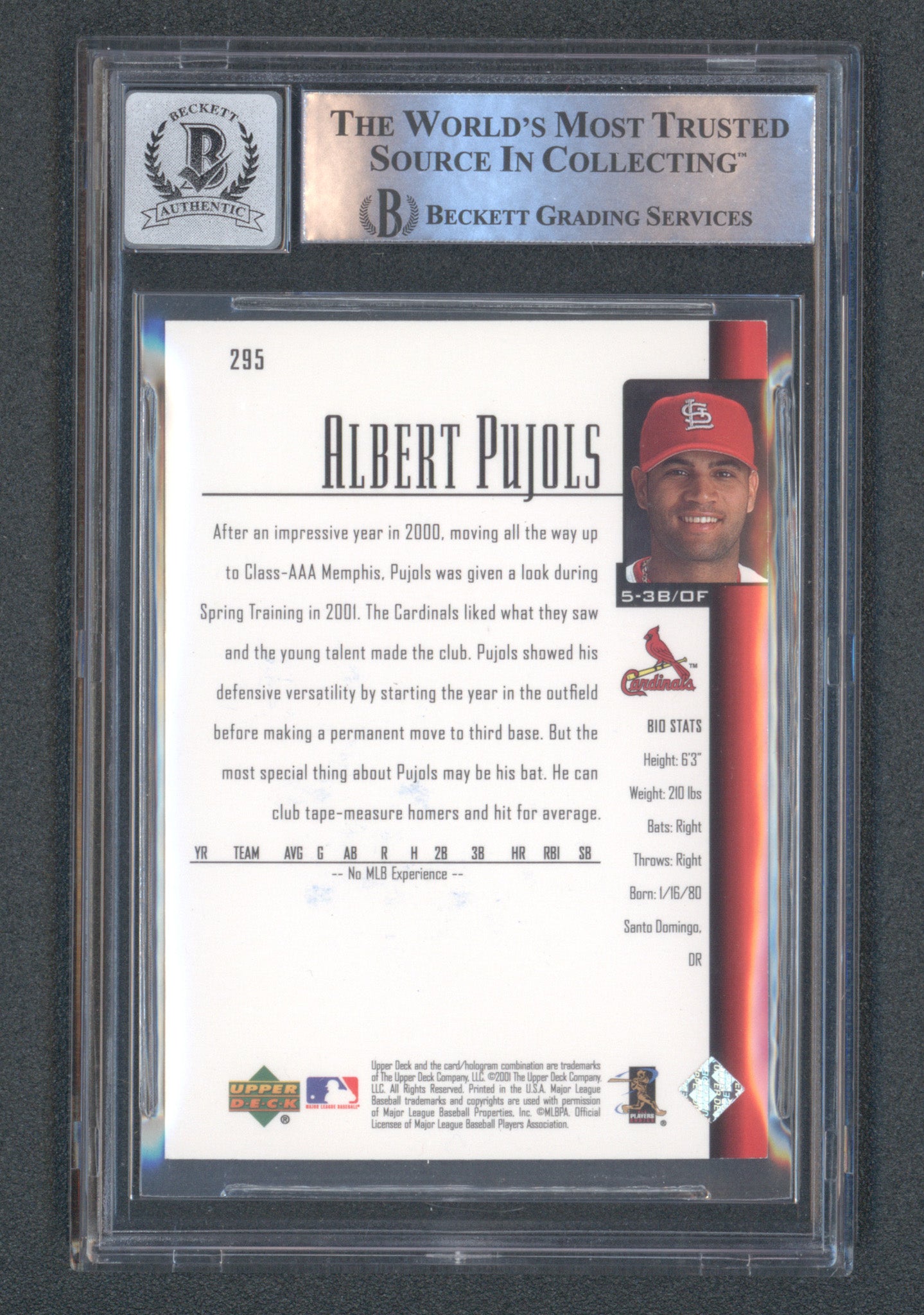 Albert Pujols Signed 2001 Upper Deck #295 (BGS | Autograph Grade 10)