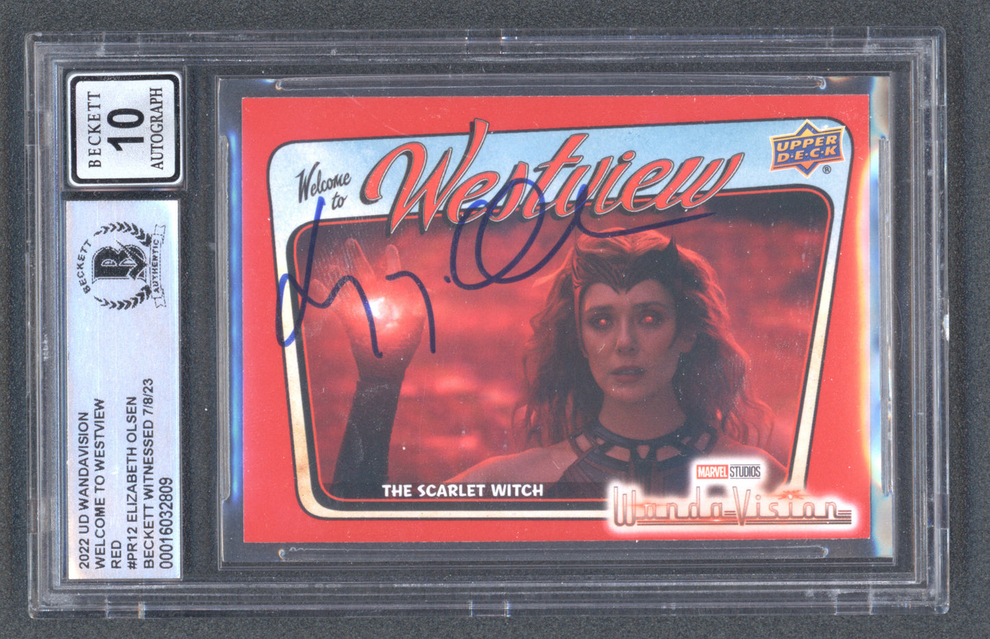 Elizabeth Olsen Signed 2022 UD Wandavision Welcome to Westview Red #PR12 (BGS | Autograph Grade 10)